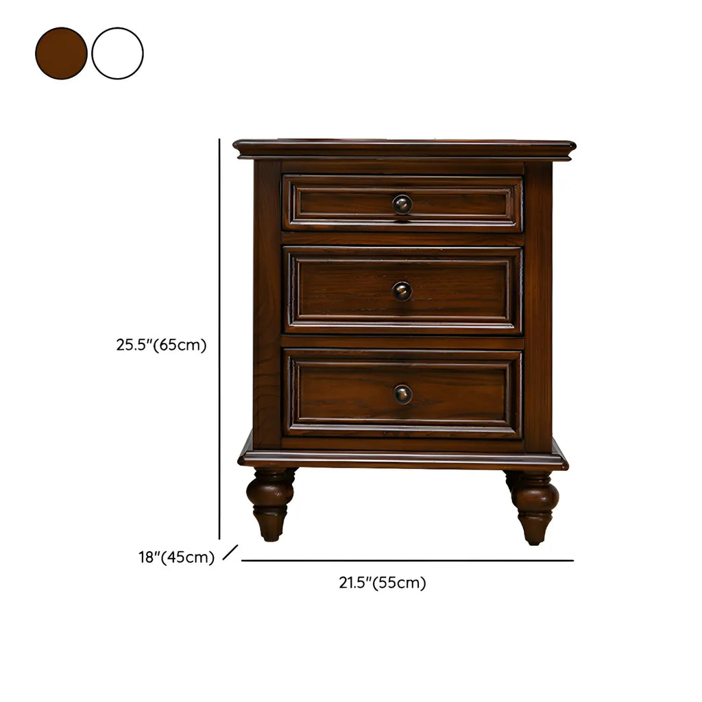 Table de chevet compacte en noyer foncé à 3 tiroirs