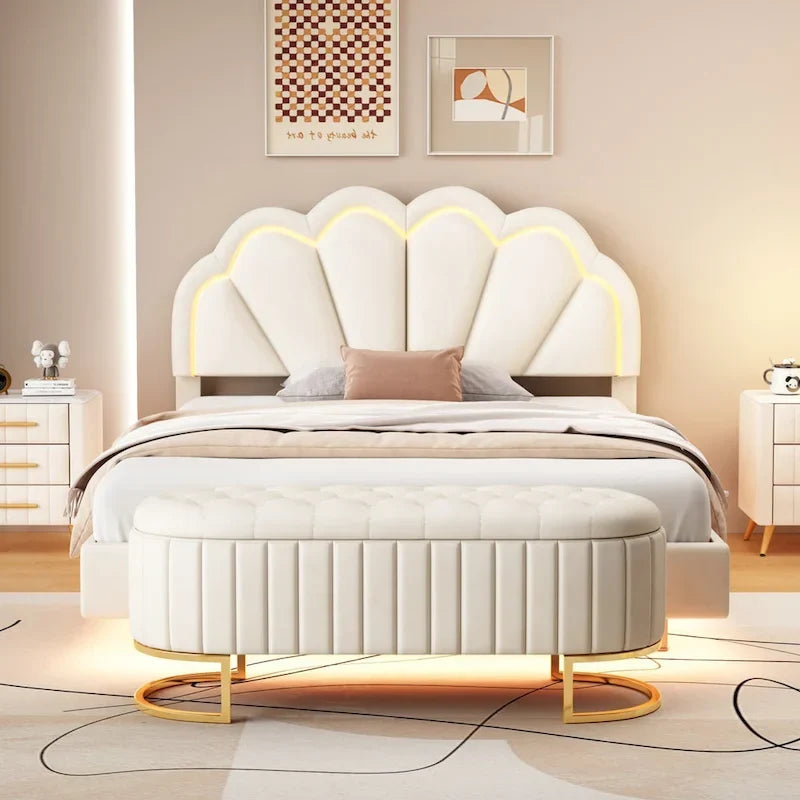 Ensemble de chambre 2 pièces avec lit plateforme LED et pouf de rangement