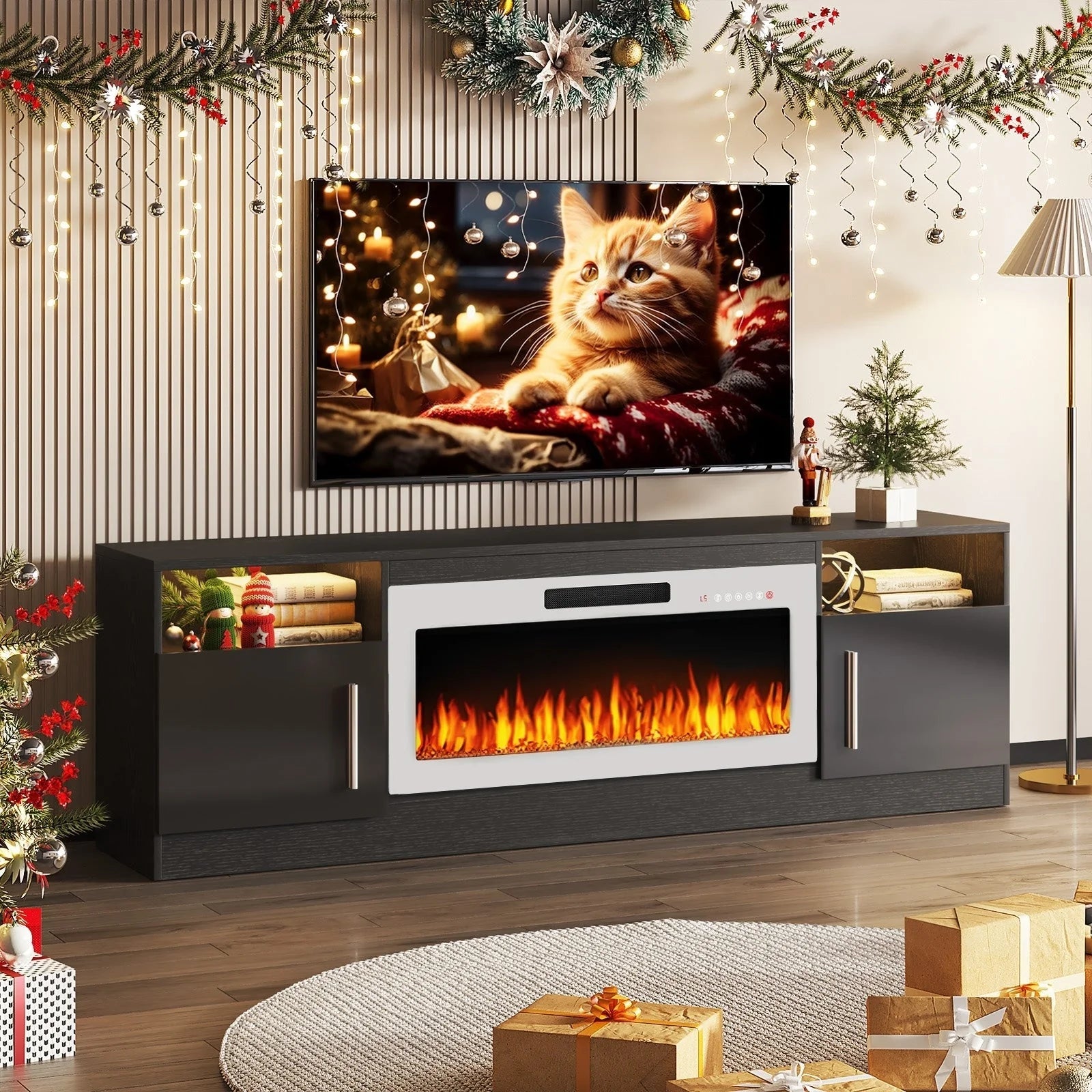 Meuble TV Bossin 70 avec cheminée électrique 36 pouces, compatible avec les téléviseurs jusqu'à 80 pouces, éclairage LED 16 couleurs/centre multimédia