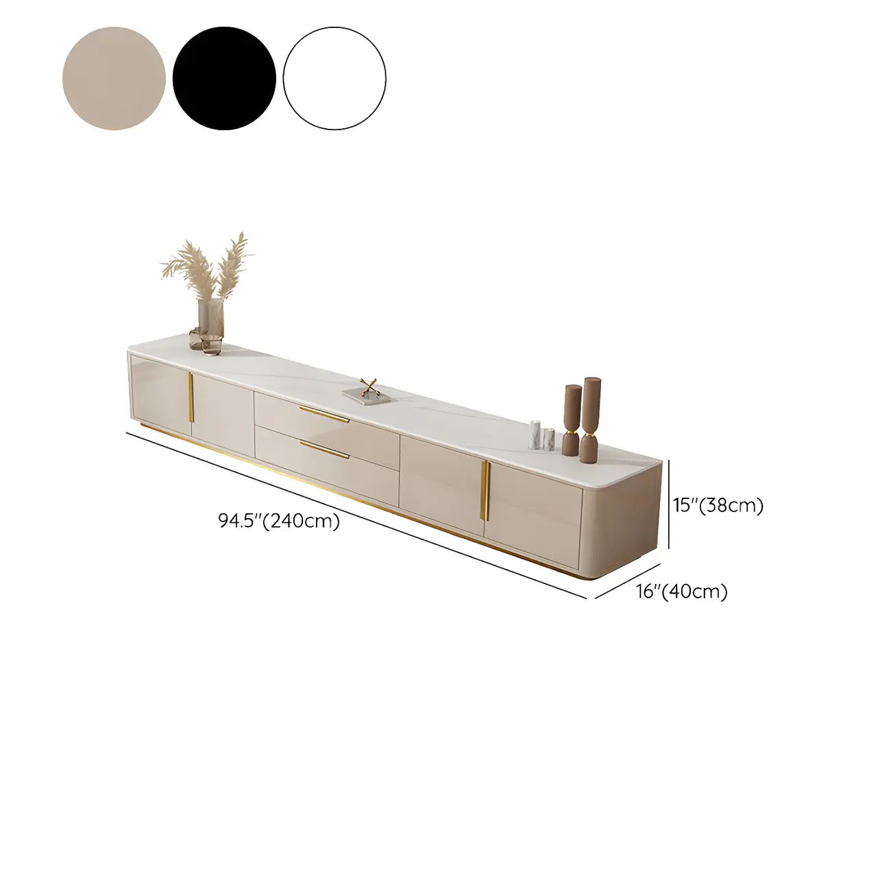 Meuble TV de luxe en pierre noire avec poignées dorées et armoire de rangement