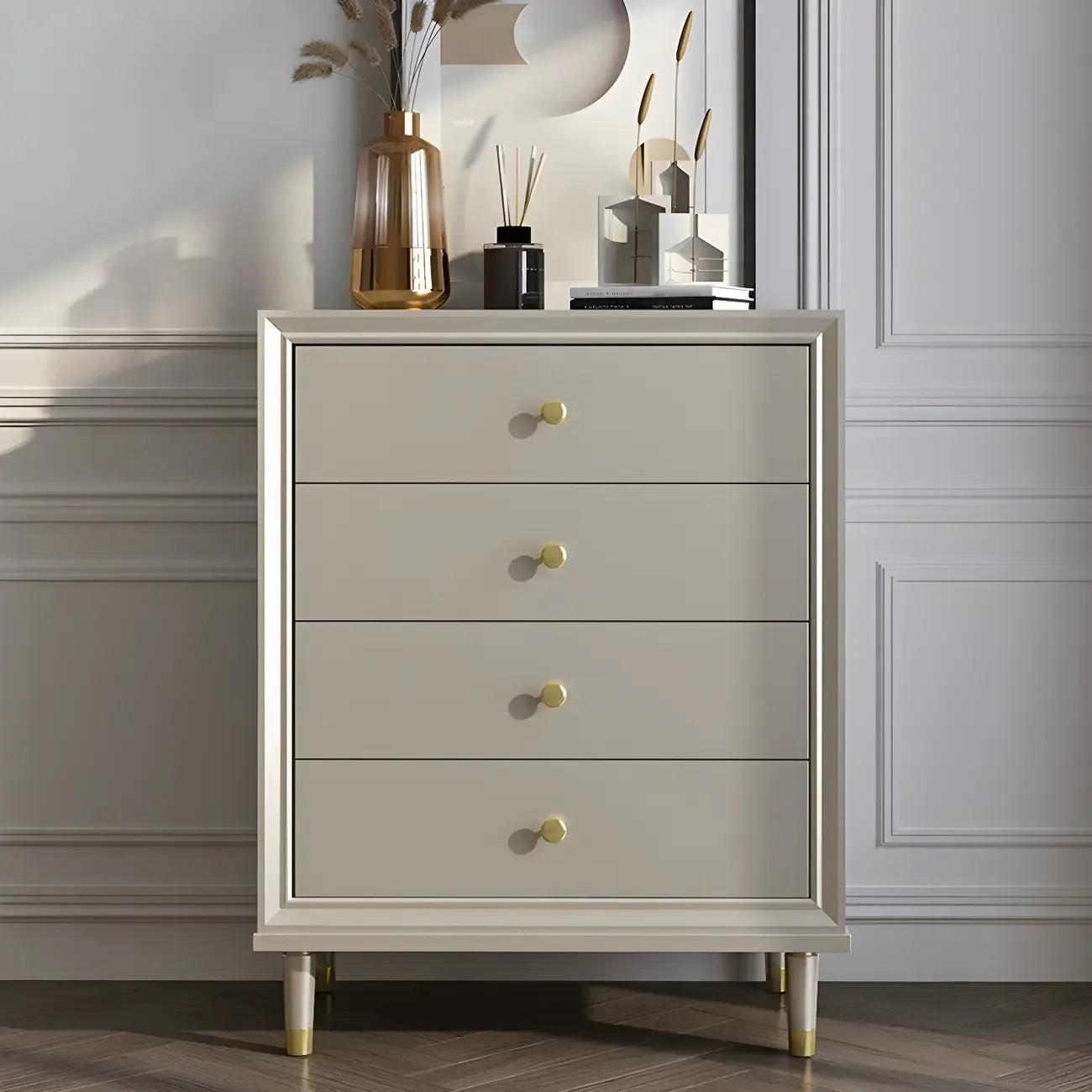 Commodes et chiffonniers élégants en bois blanc cassé avec tiroirs