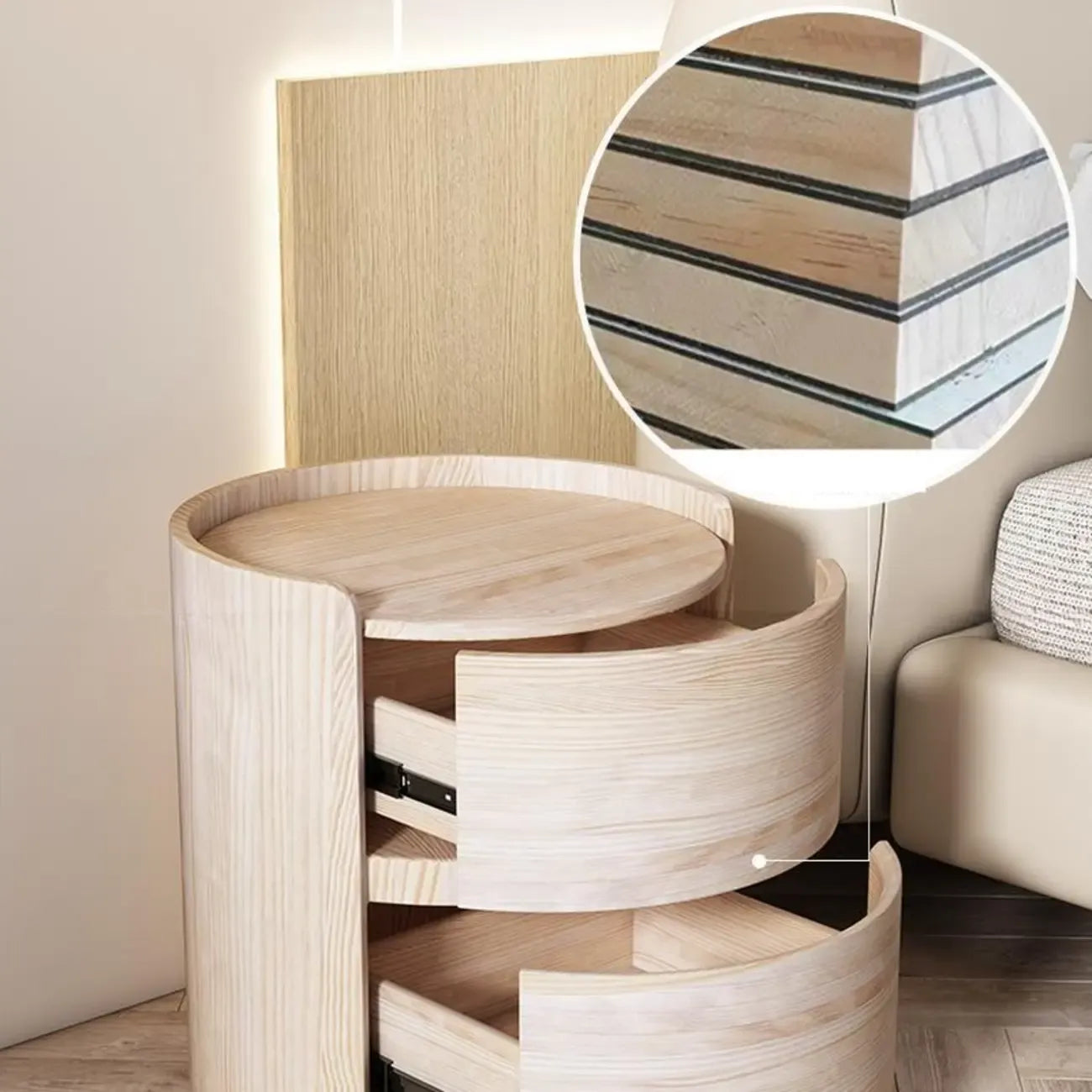 Table de chevet ronde moderne en cuir à 2 tiroirs