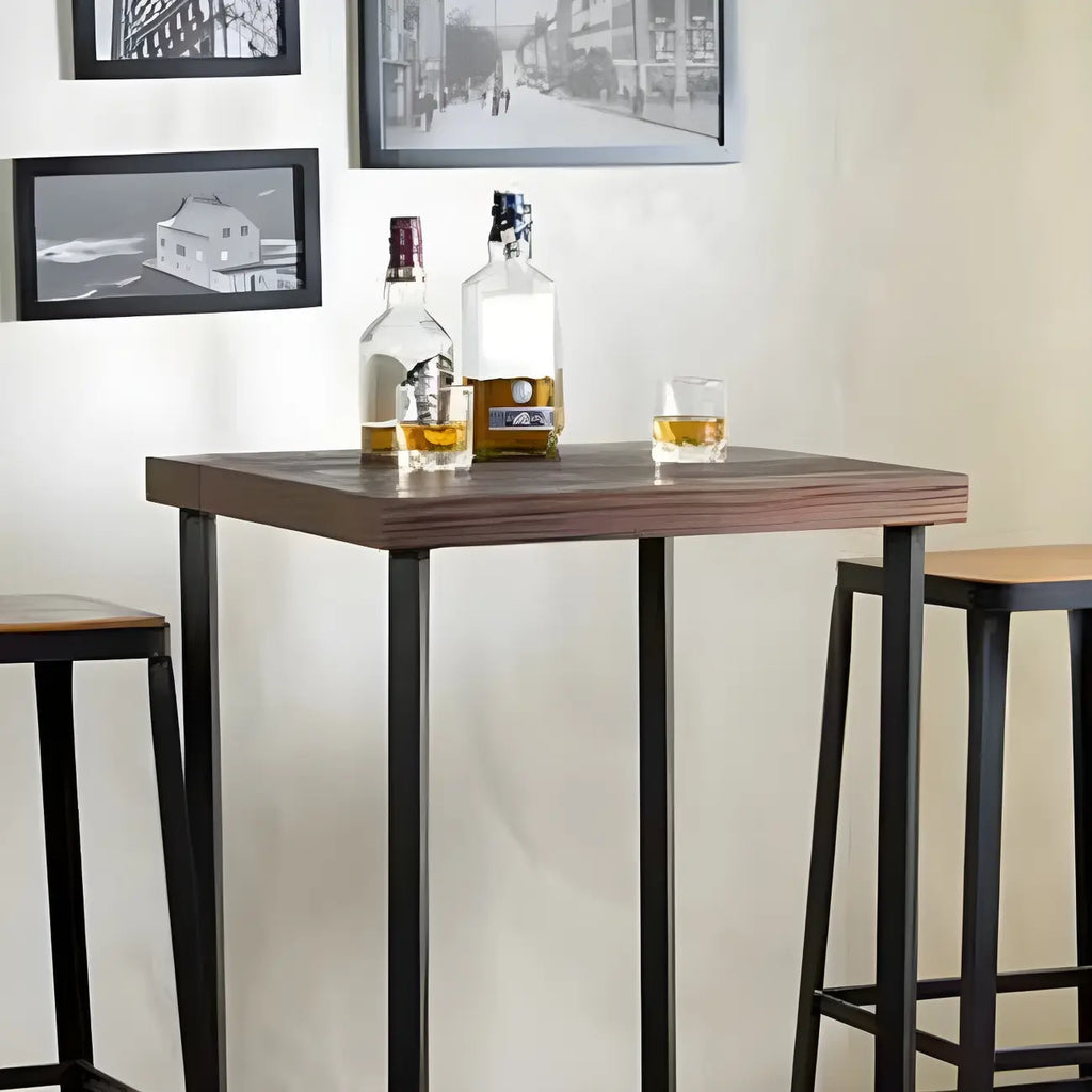 Tables de bar carrées industrielles en pin brun avec tréteaux en métal