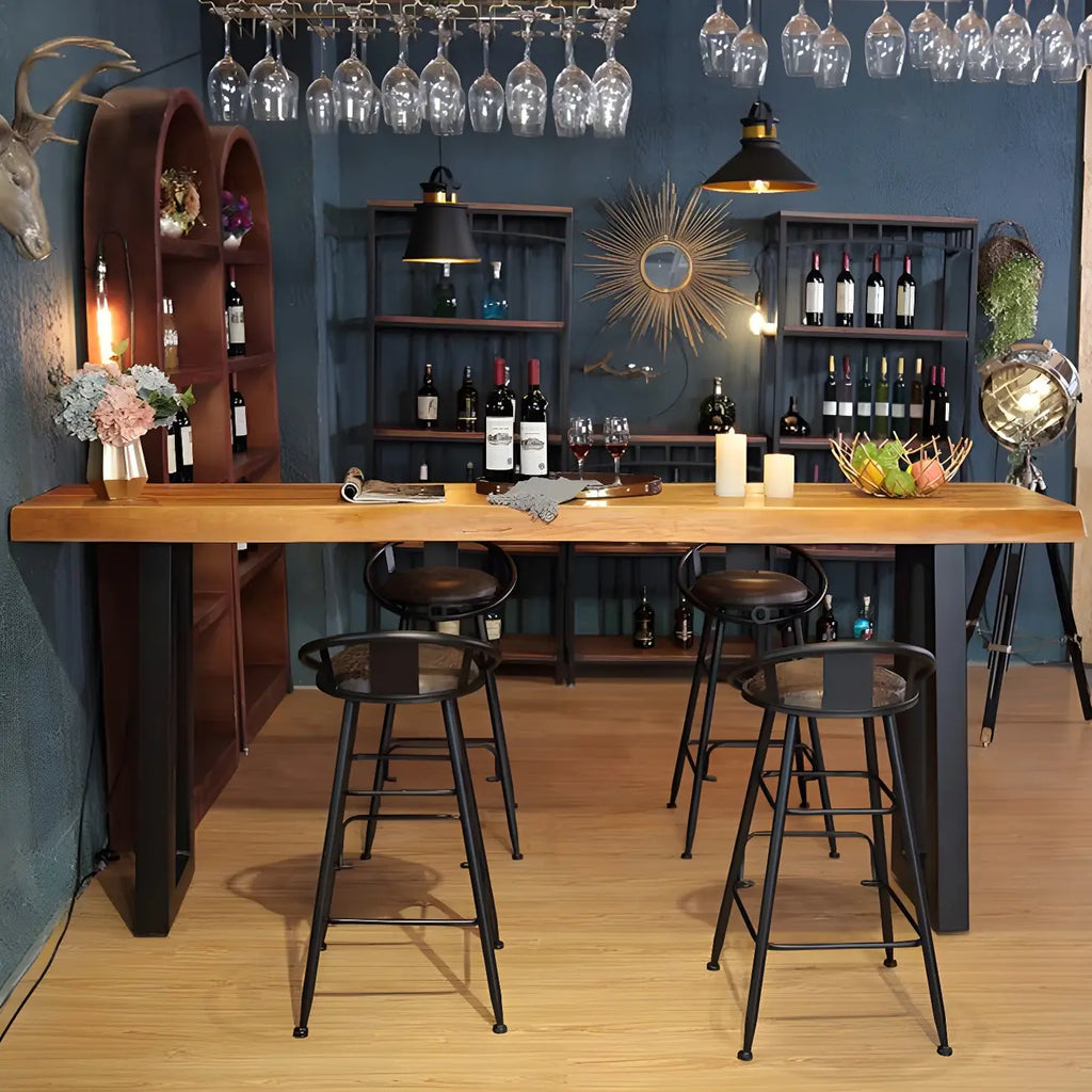 Table de bar rectangulaire en pin brun de style industriel avec piètement traîneau en métal