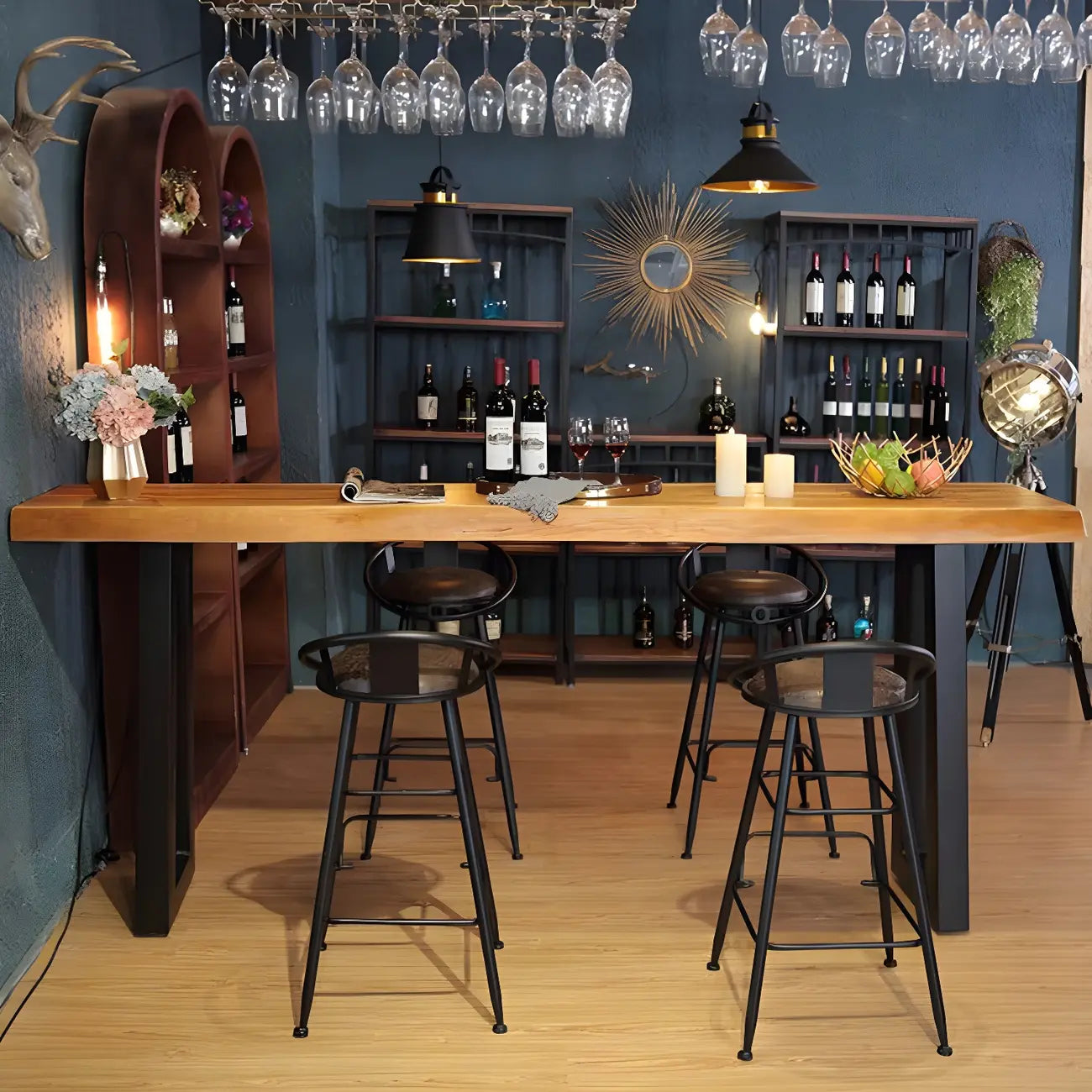 Table de bar rectangulaire en pin brun de style industriel avec piètement traîneau en métal