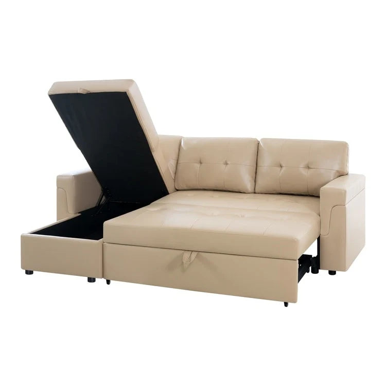 Canapé d'angle convertible et réversible avec lit gigogne, méridienne de rangement dissimulée et pieds robustes.