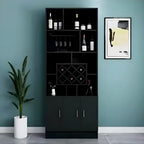 Cave à vin moderne noire, grande, ouverte et empilable en bois.