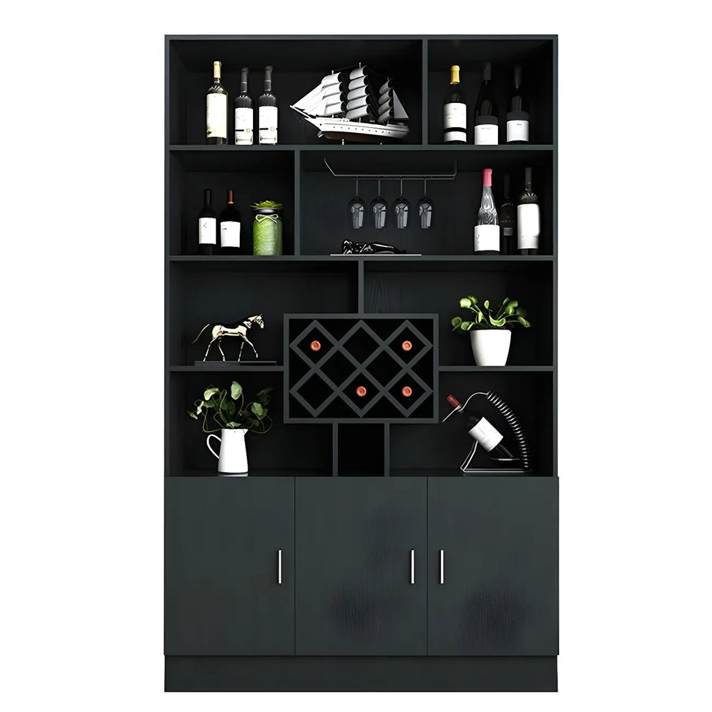 Cave à vin moderne noire, grande, ouverte et empilable en bois.