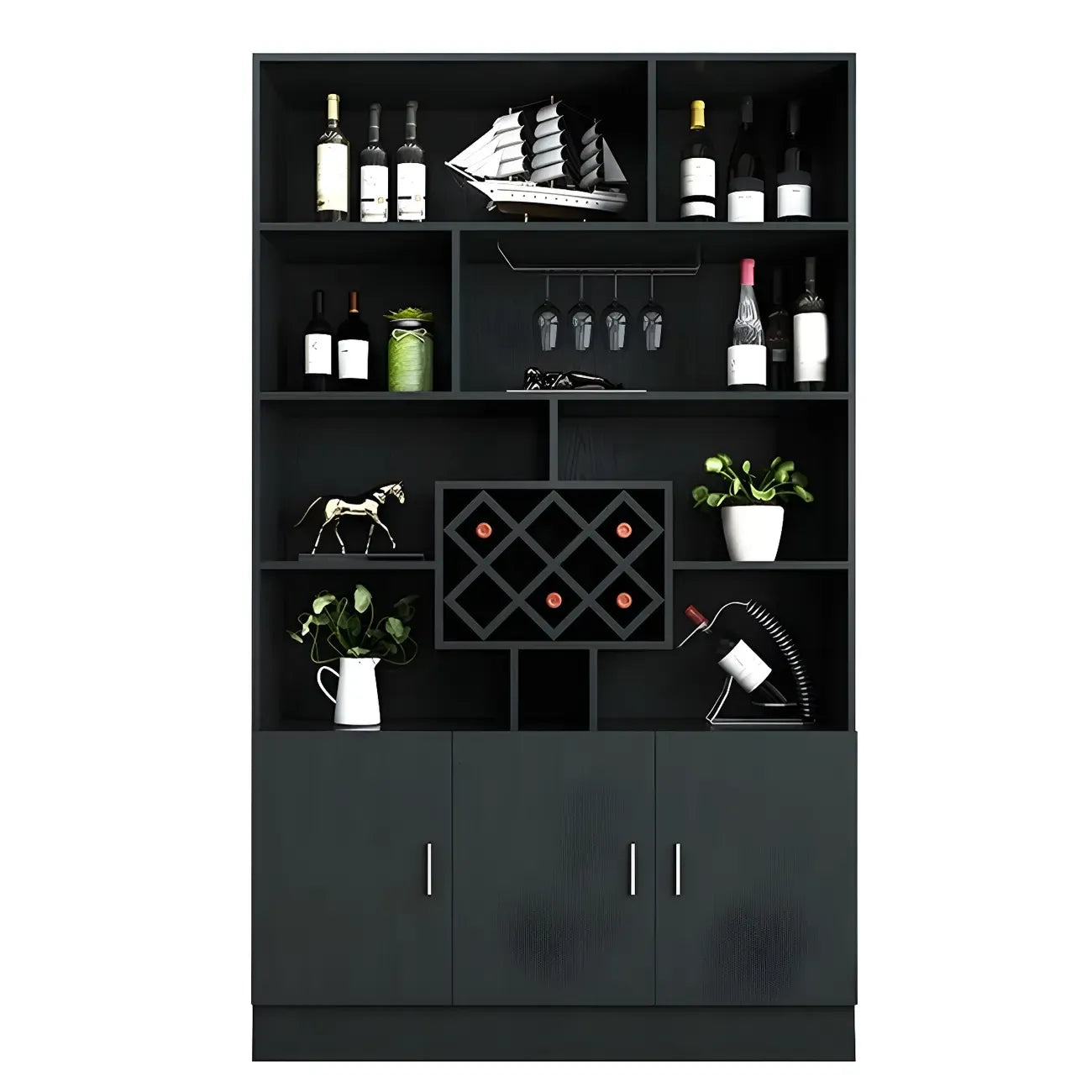 Cave à vin moderne noire, grande, ouverte et empilable en bois.