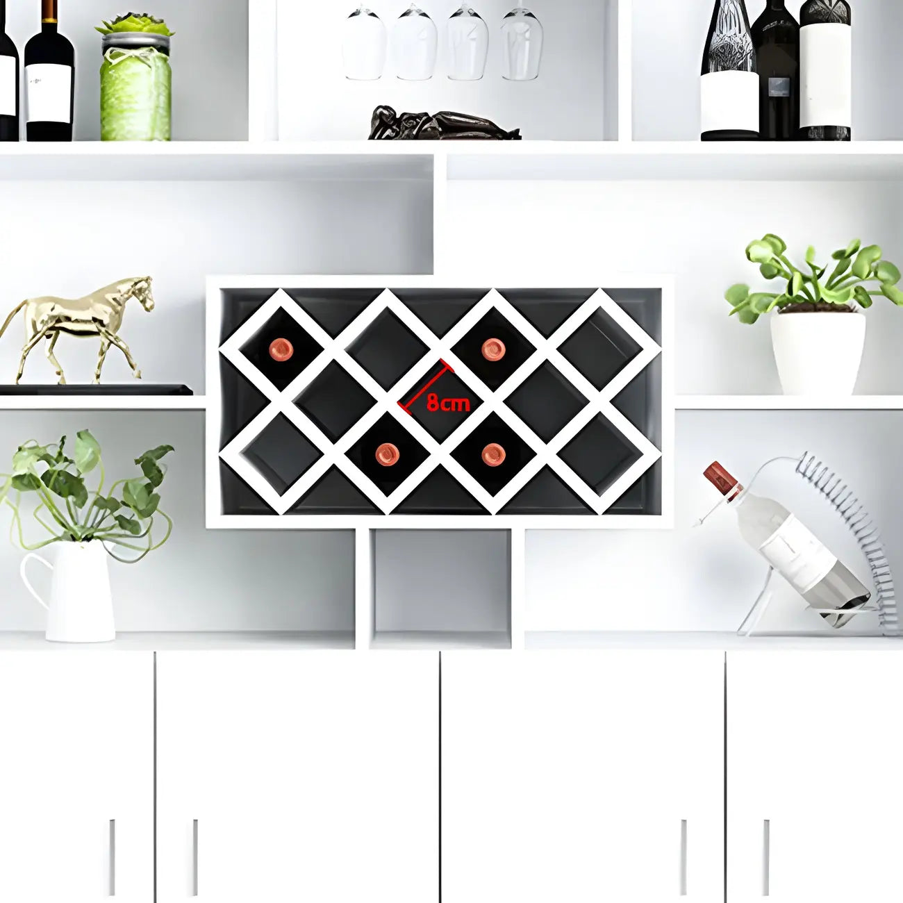 Cave à vin moderne noire, grande, ouverte et empilable en bois.