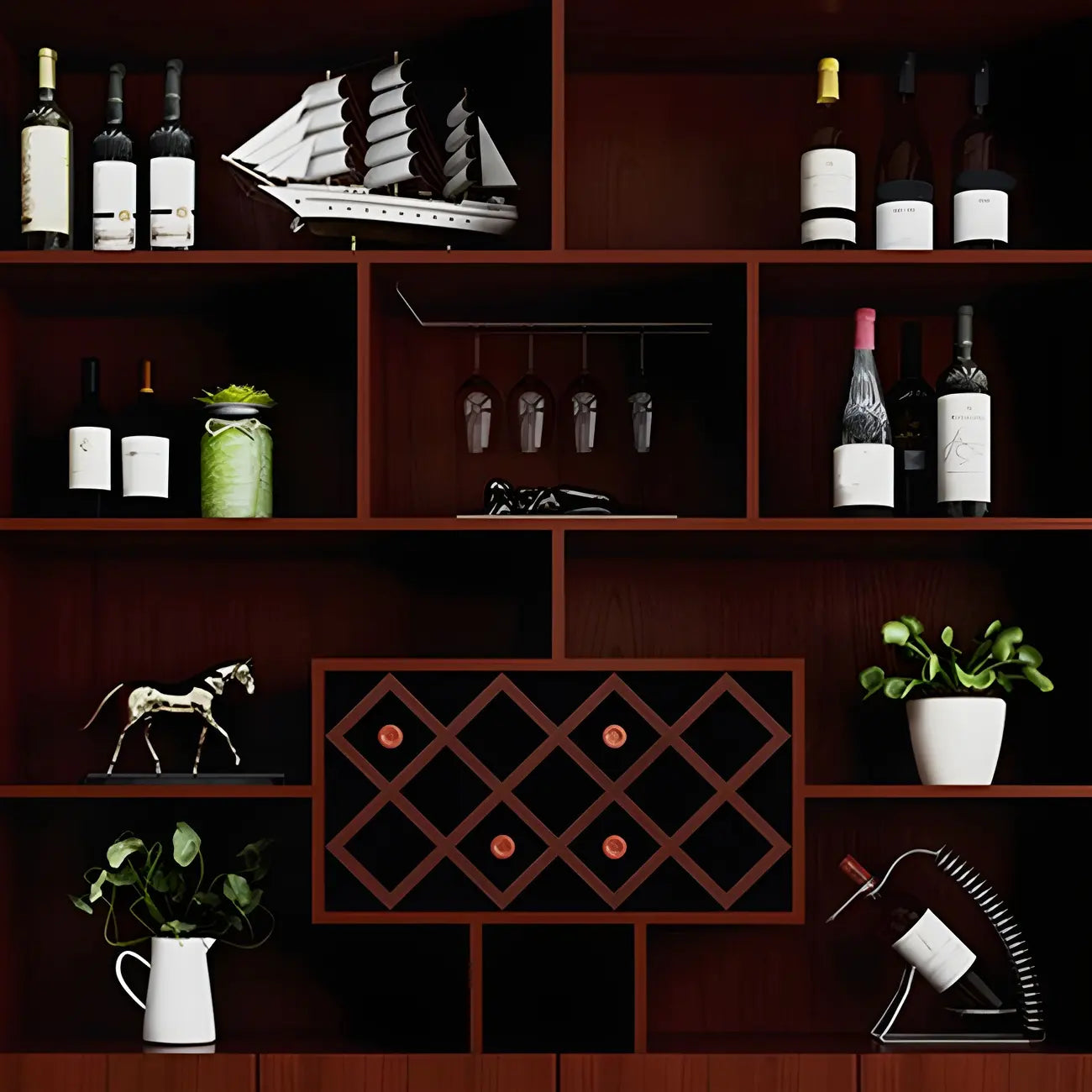 Cave à vin moderne noire, grande, ouverte et empilable en bois.
