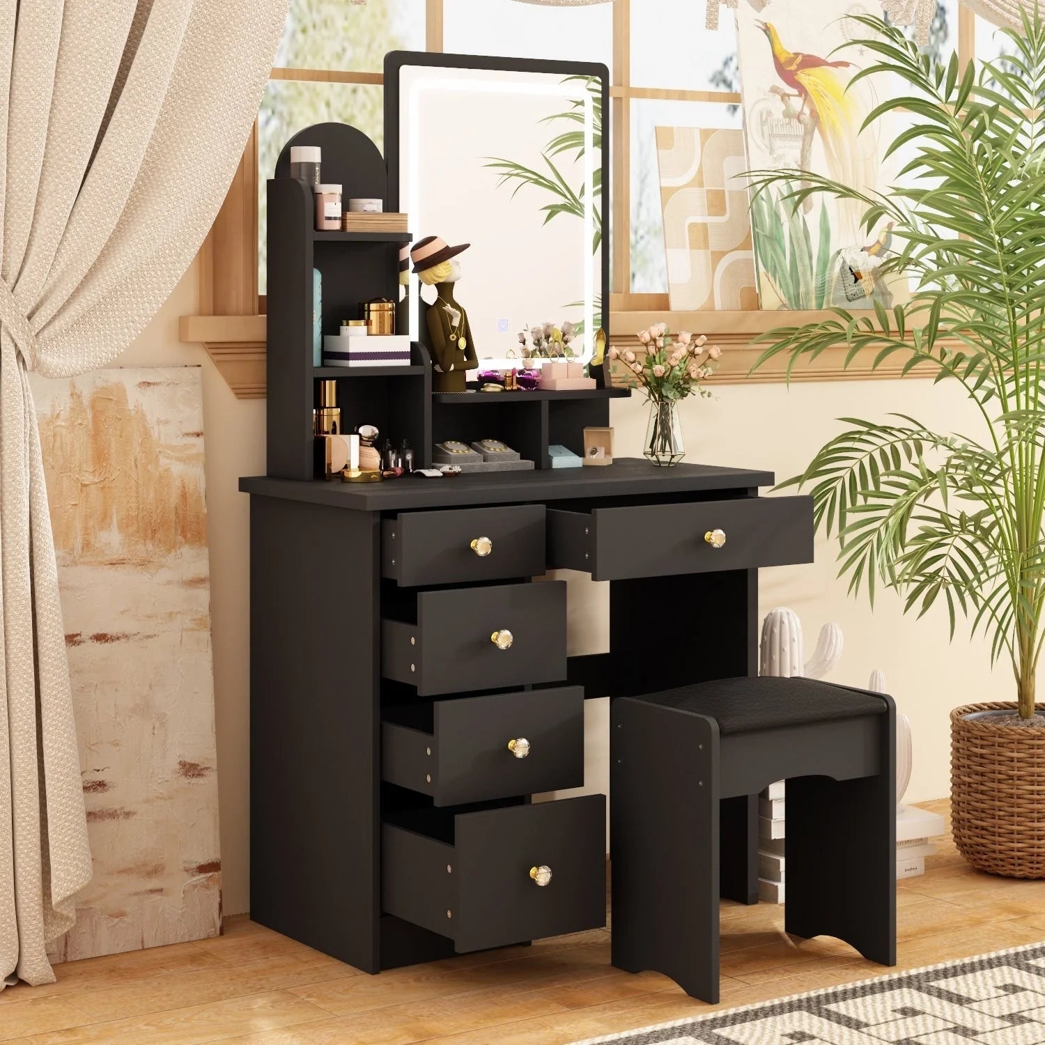 Ensemble coiffeuse avec lumière LED, miroir et tabouret
