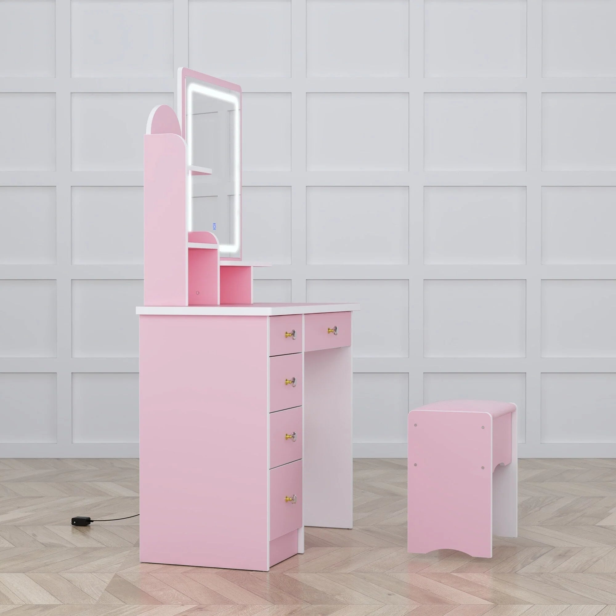 Ensemble coiffeuse avec lumière LED, miroir et tabouret