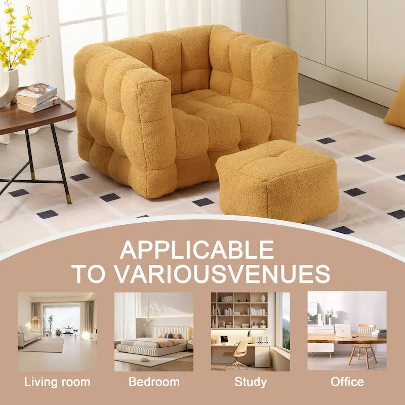 HOMEFUN Poltrona singola moderna trapuntata in Bouclé con pouf