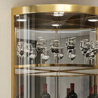 Vitrine d'angle arrondie en verre brillant et métal doré