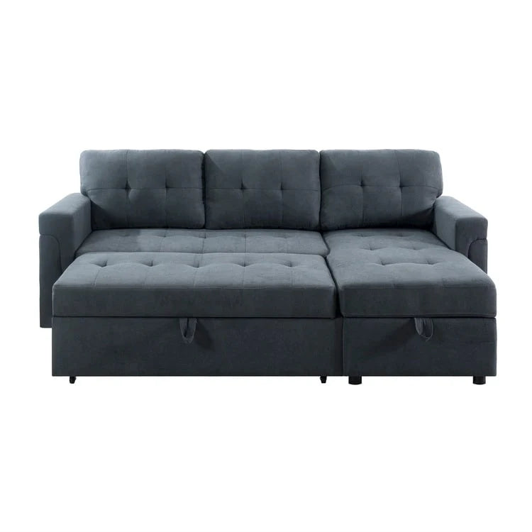 Canapé d'angle convertible et réversible avec lit gigogne, méridienne de rangement dissimulée et pieds robustes.
