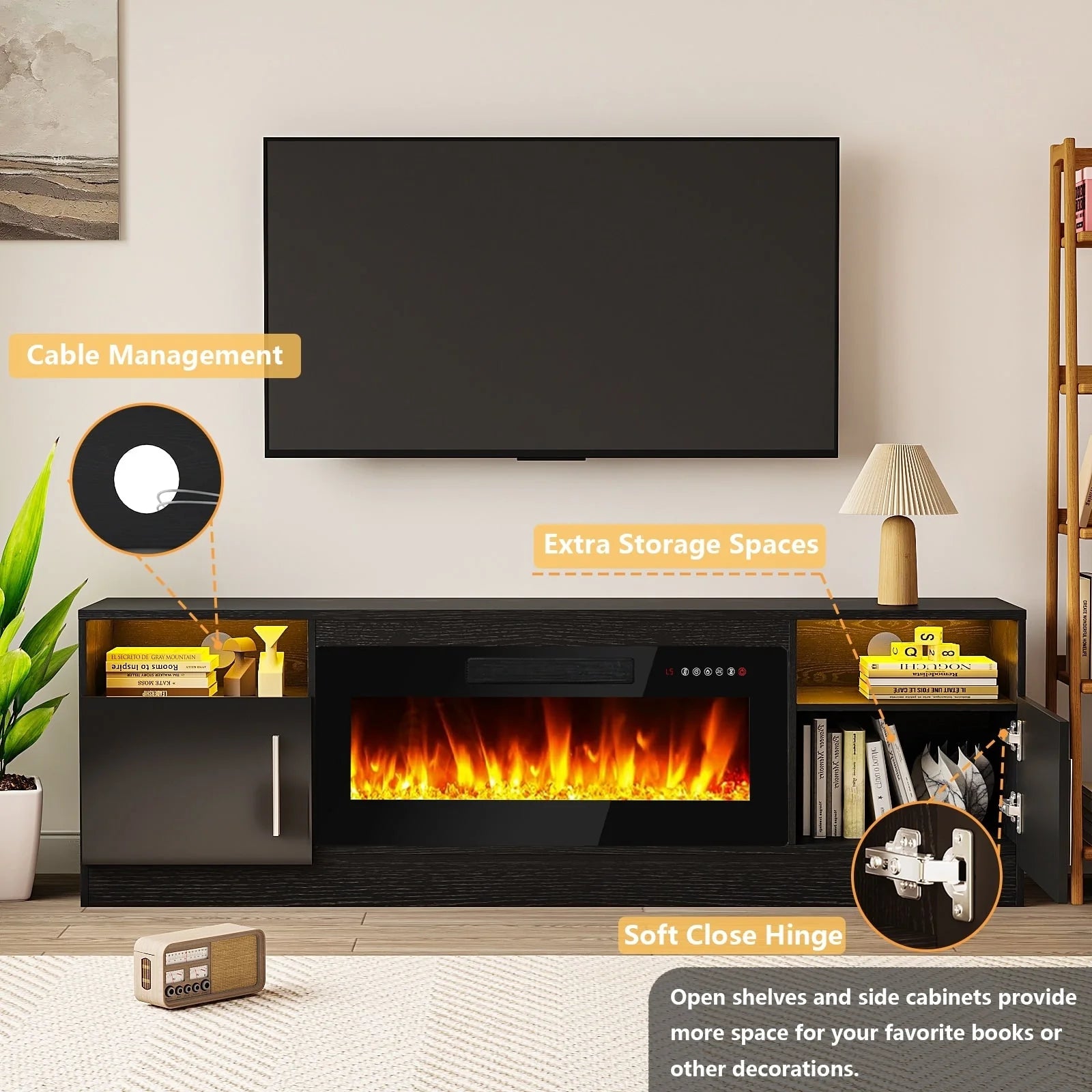 Meuble TV Bossin 70 avec cheminée électrique 36 pouces, compatible avec les téléviseurs jusqu'à 80 pouces, éclairage LED 16 couleurs/centre multimédia