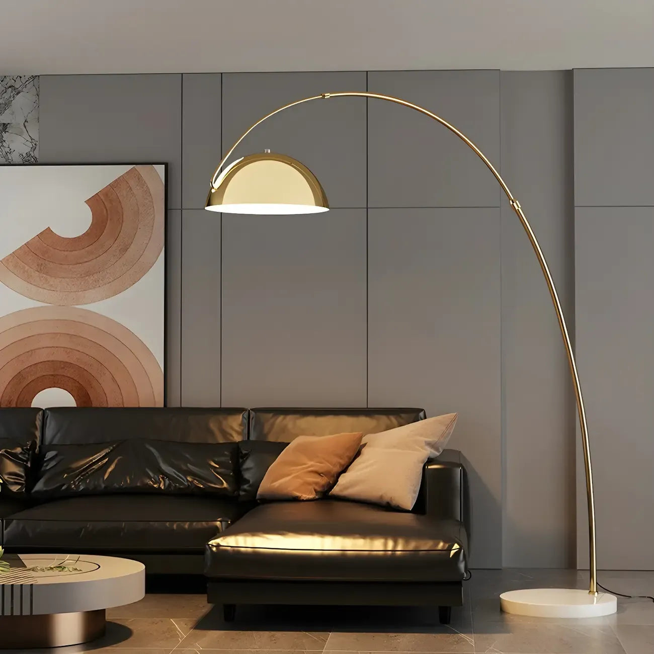 Lampadaire en métal arqué avec abat-jour en dôme réglable noir