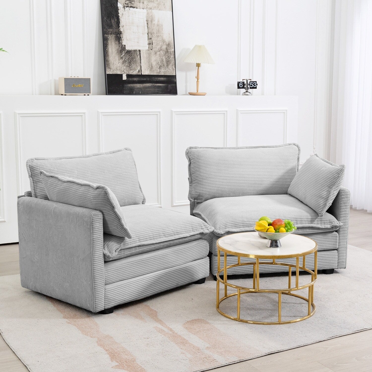 Canapé d'angle en velours côtelé avec poufs amovibles et coussins ultra-doux pour salon et chambre