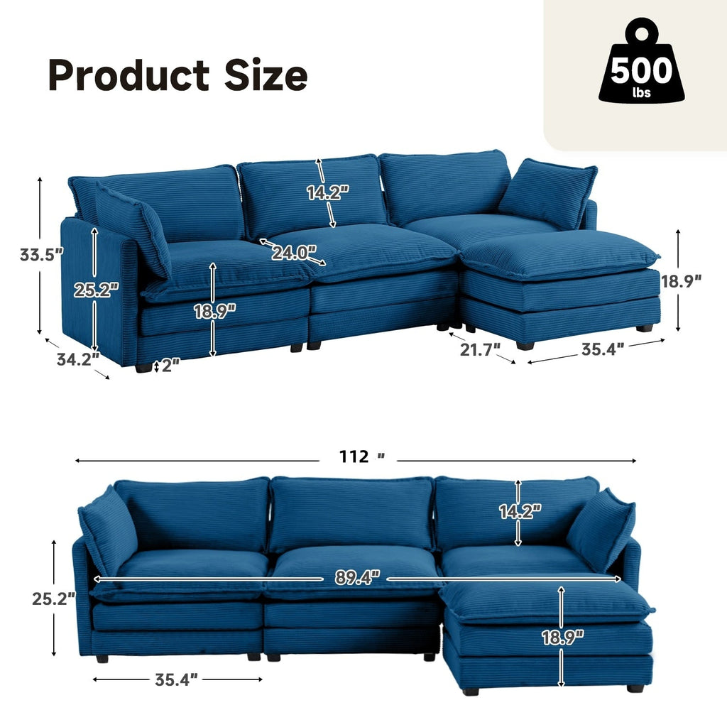 Canapé d'angle en velours côtelé avec poufs amovibles et coussins ultra-doux pour salon et chambre