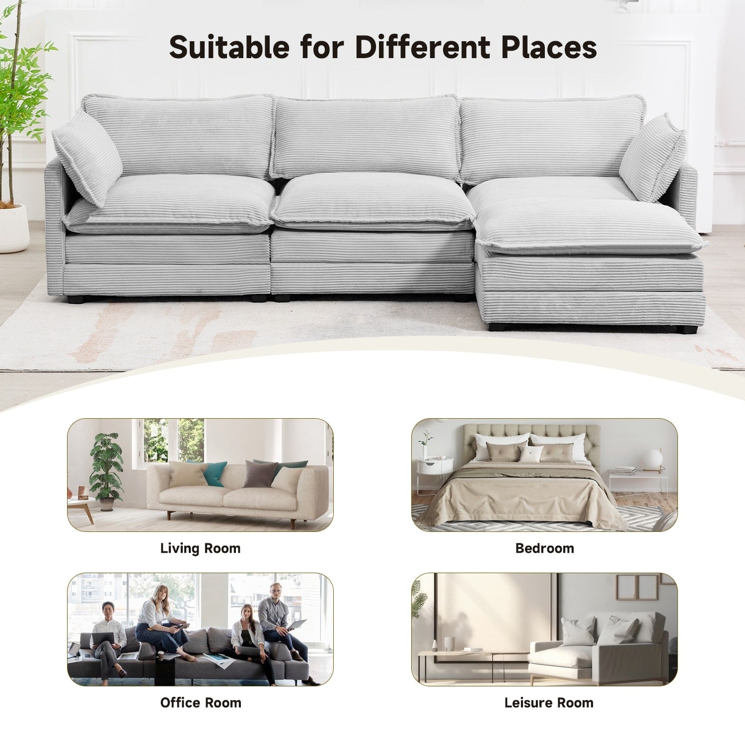 Canapé d'angle en velours côtelé avec poufs amovibles et coussins ultra-doux pour salon et chambre