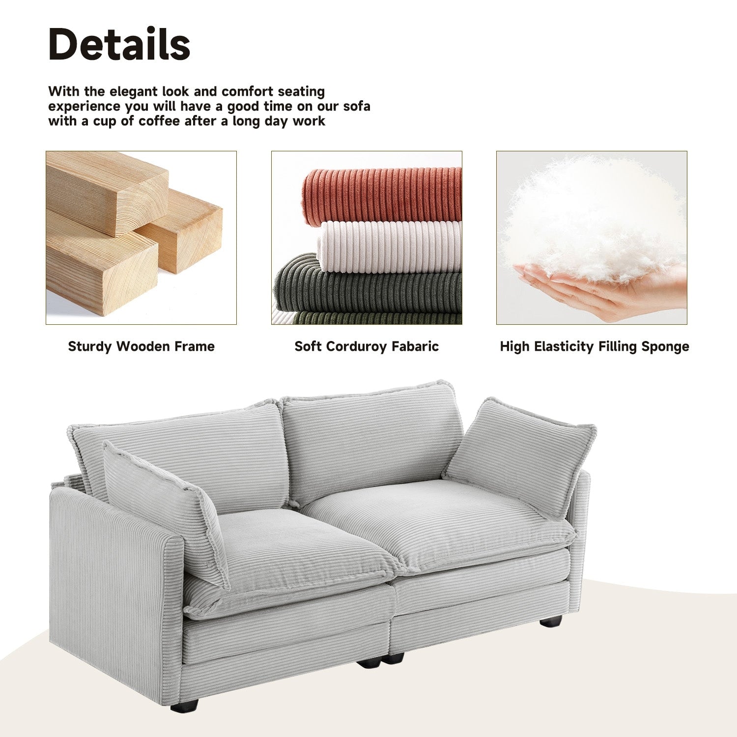 Canapé d'angle en velours côtelé avec poufs amovibles et coussins ultra-doux pour salon et chambre