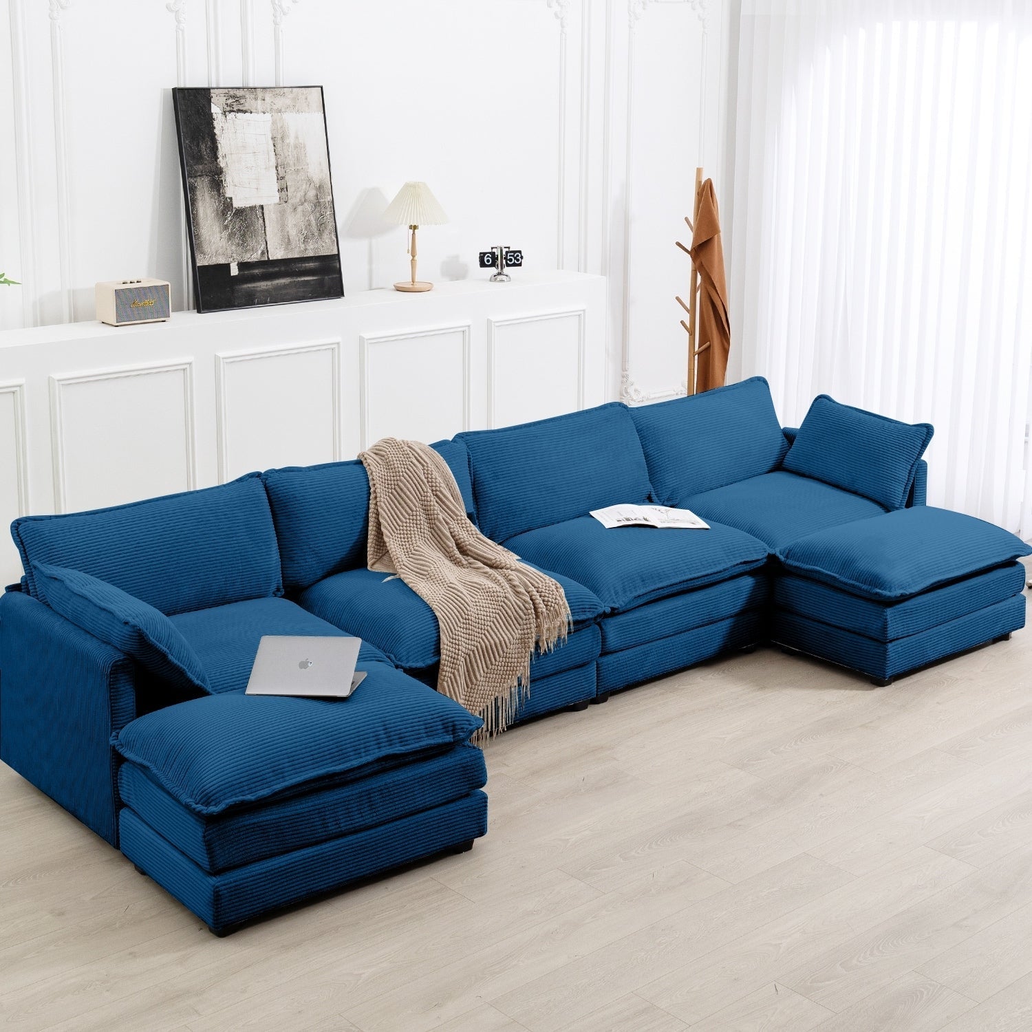 Canapé d'angle en velours côtelé avec poufs amovibles et coussins ultra-doux pour salon et chambre
