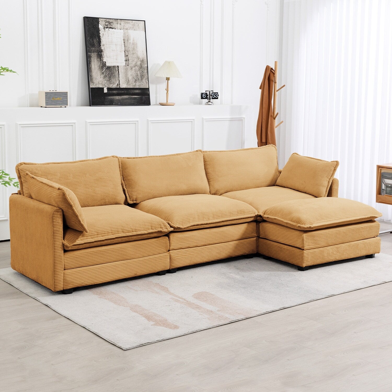 Canapé d'angle en velours côtelé avec poufs amovibles et coussins ultra-doux pour salon et chambre