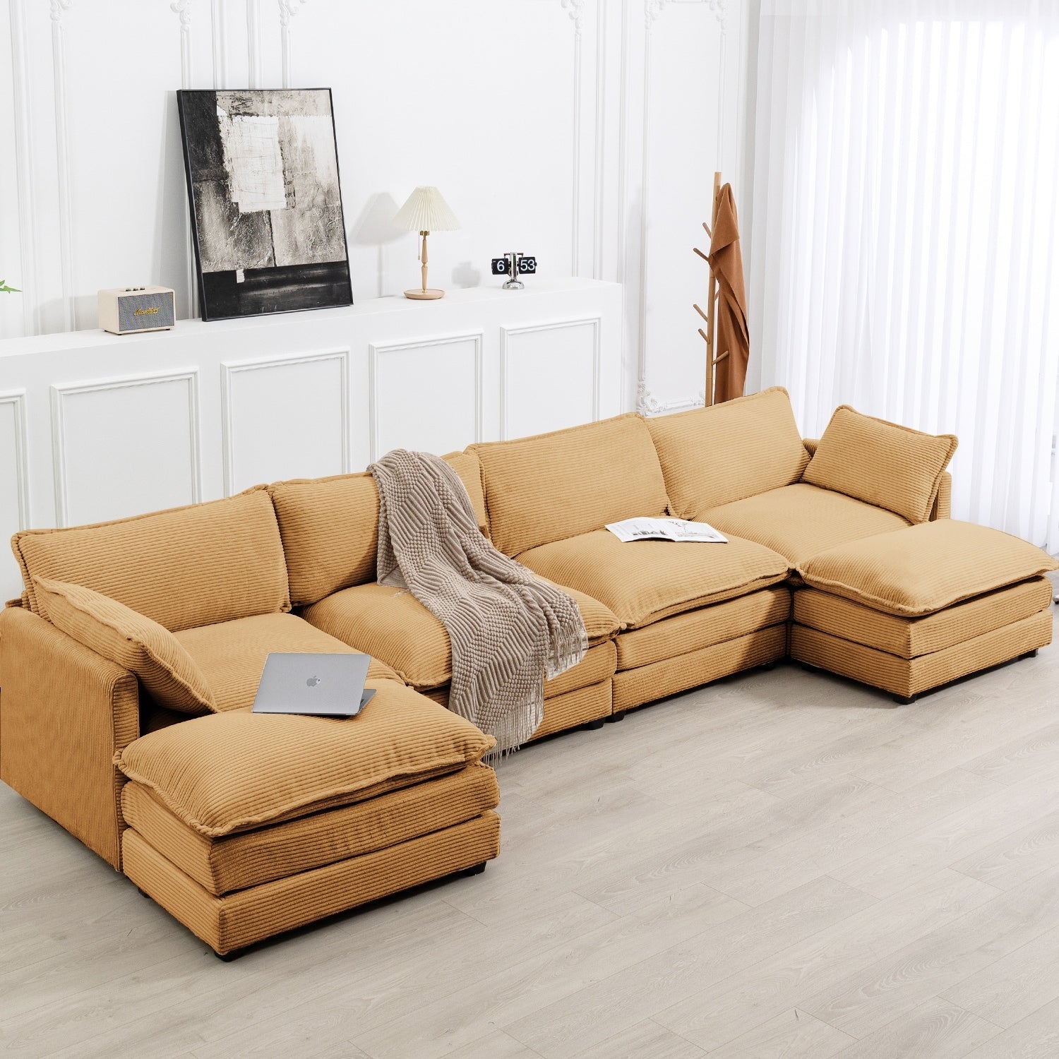 Canapé d'angle en velours côtelé avec poufs amovibles et coussins ultra-doux pour salon et chambre