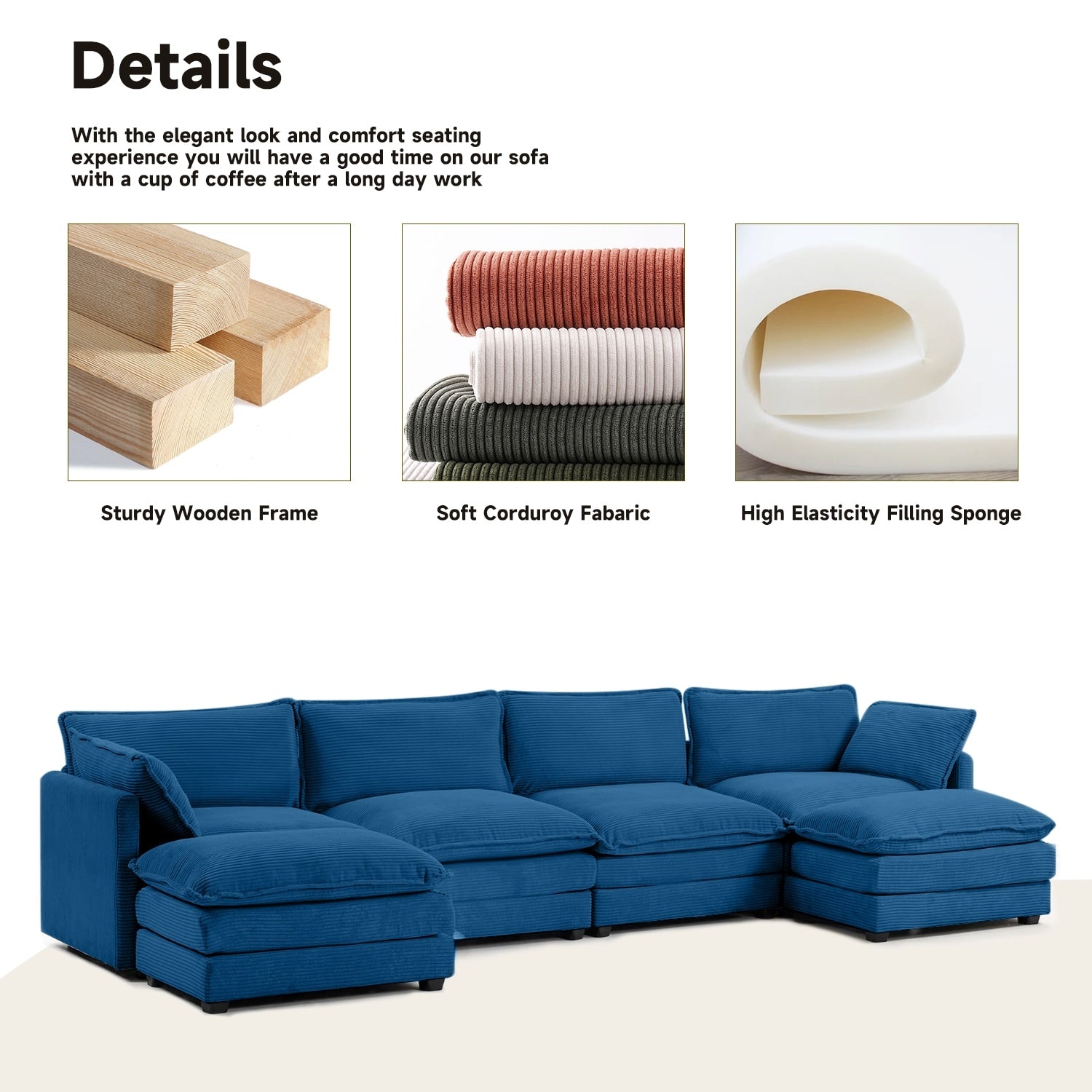 Canapé d'angle en velours côtelé avec poufs amovibles et coussins ultra-doux pour salon et chambre
