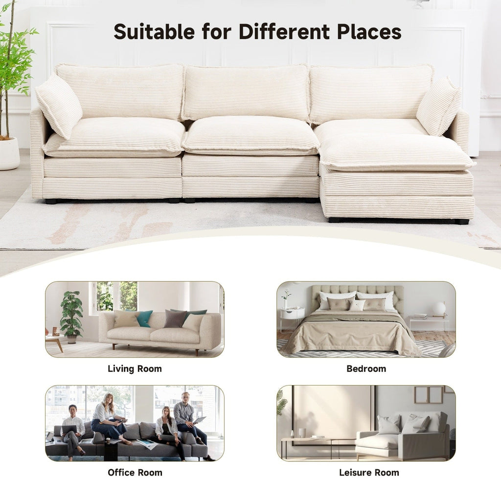Canapé d'angle en velours côtelé avec poufs amovibles et coussins ultra-doux pour salon et chambre