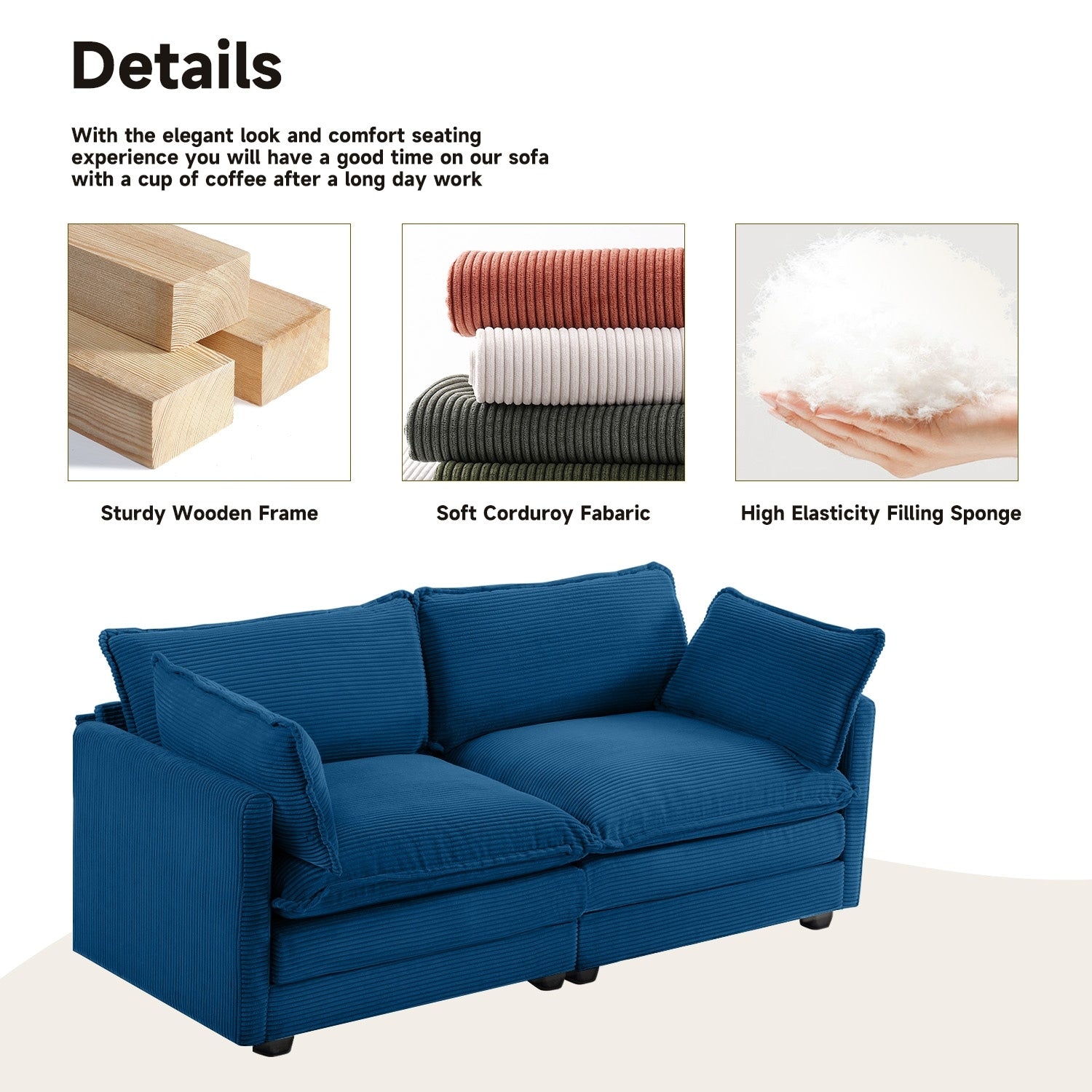 Canapé d'angle en velours côtelé avec poufs amovibles et coussins ultra-doux pour salon et chambre