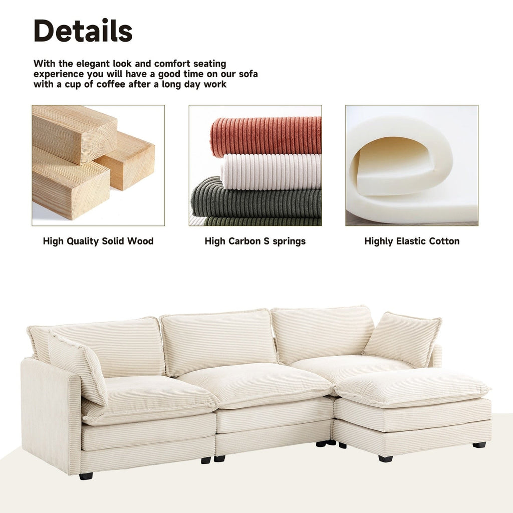 Canapé d'angle en velours côtelé avec poufs amovibles et coussins ultra-doux pour salon et chambre