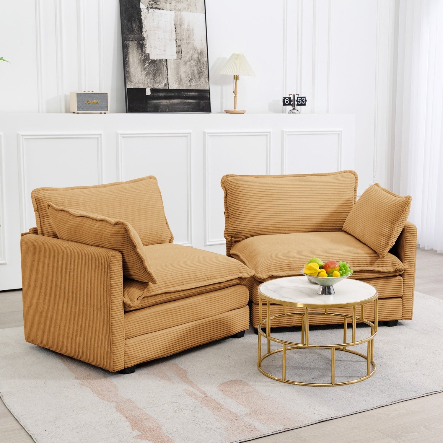 Canapé d'angle en velours côtelé avec poufs amovibles et coussins ultra-doux pour salon et chambre