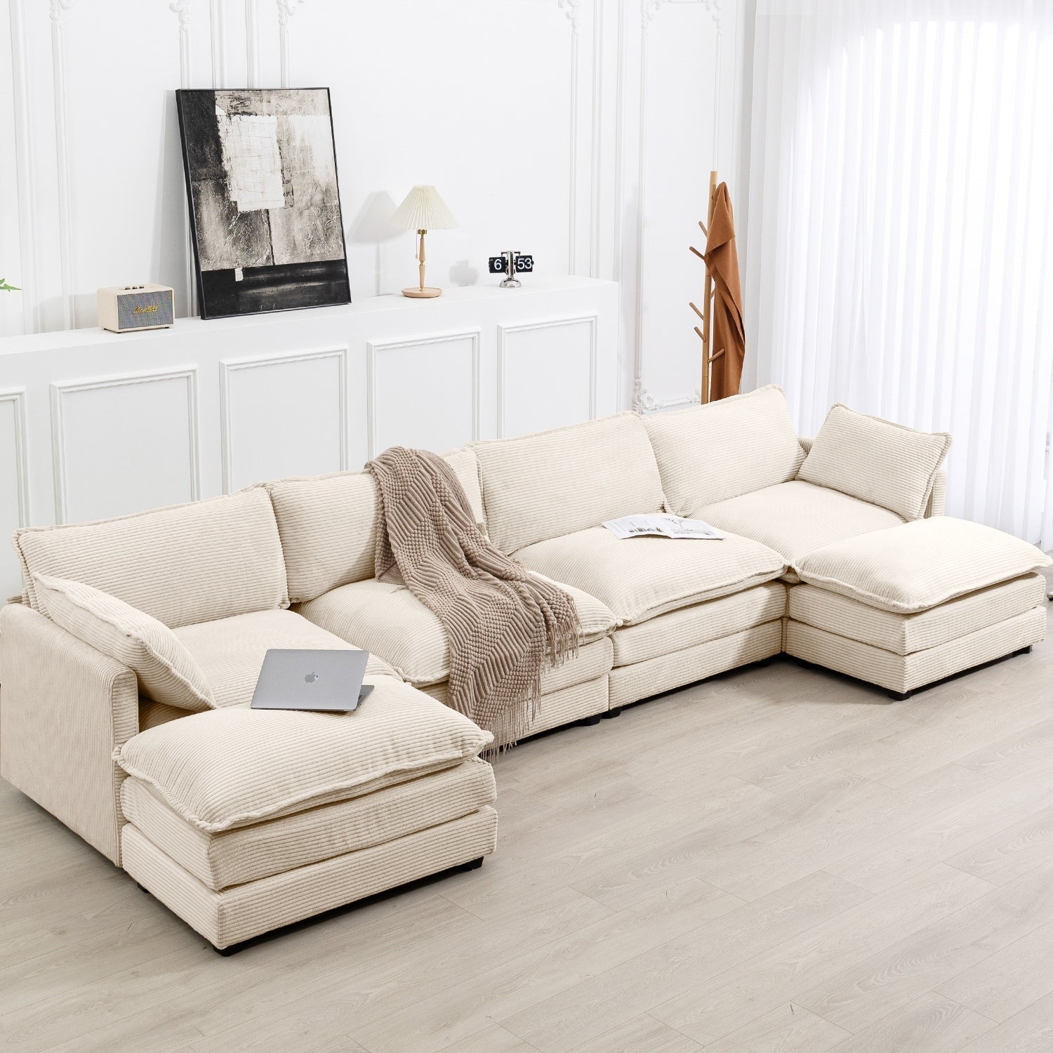 Canapé d'angle en velours côtelé avec poufs amovibles et coussins ultra-doux pour salon et chambre