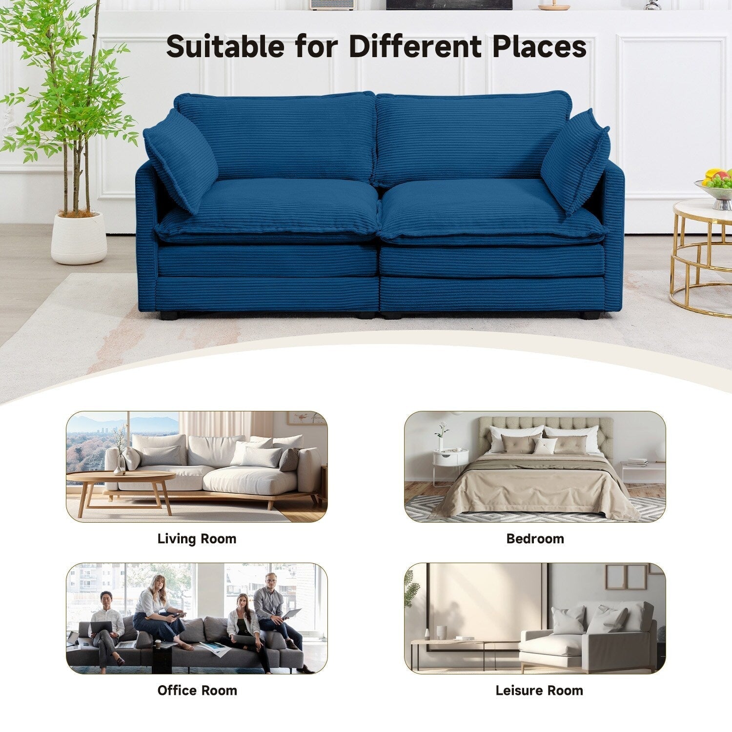 Canapé d'angle en velours côtelé avec poufs amovibles et coussins ultra-doux pour salon et chambre