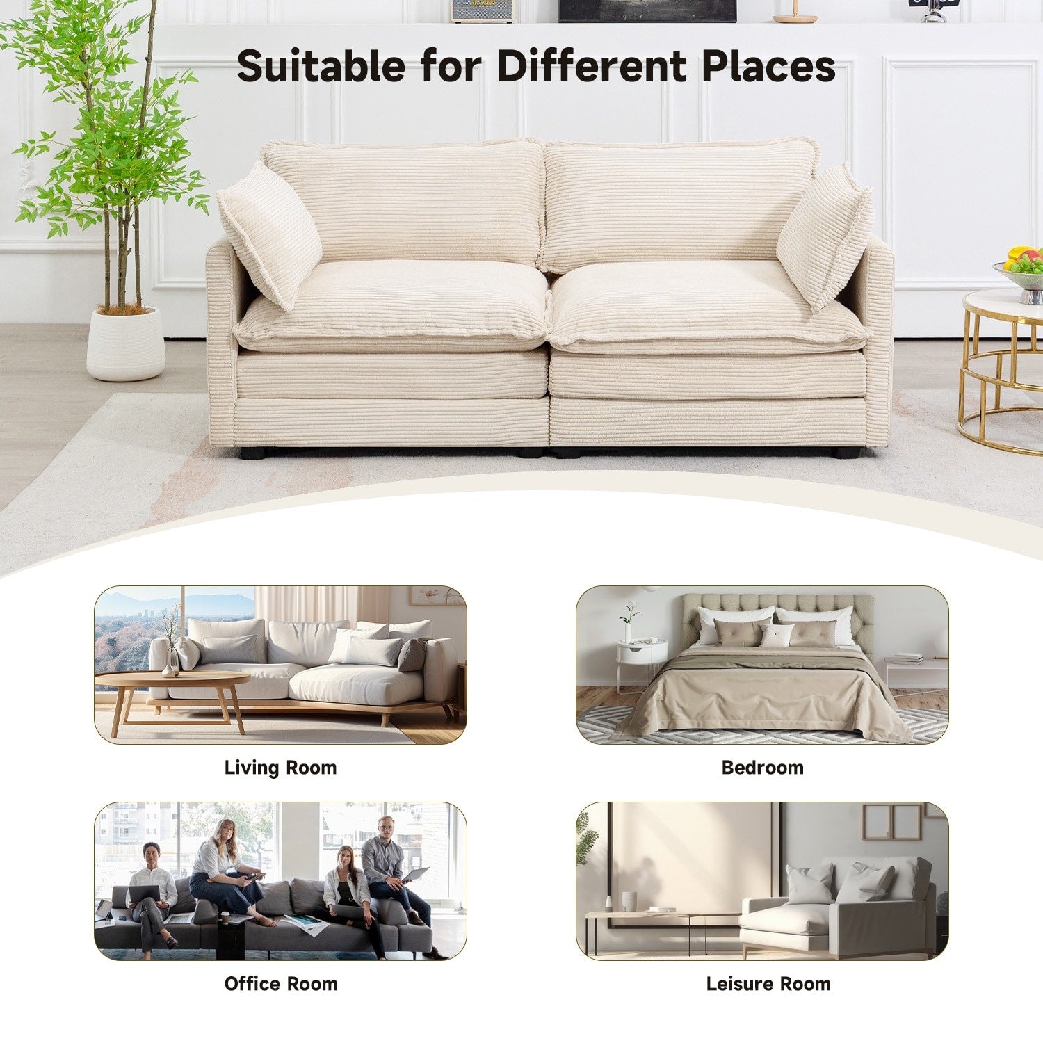 Canapé d'angle en velours côtelé avec poufs amovibles et coussins ultra-doux pour salon et chambre