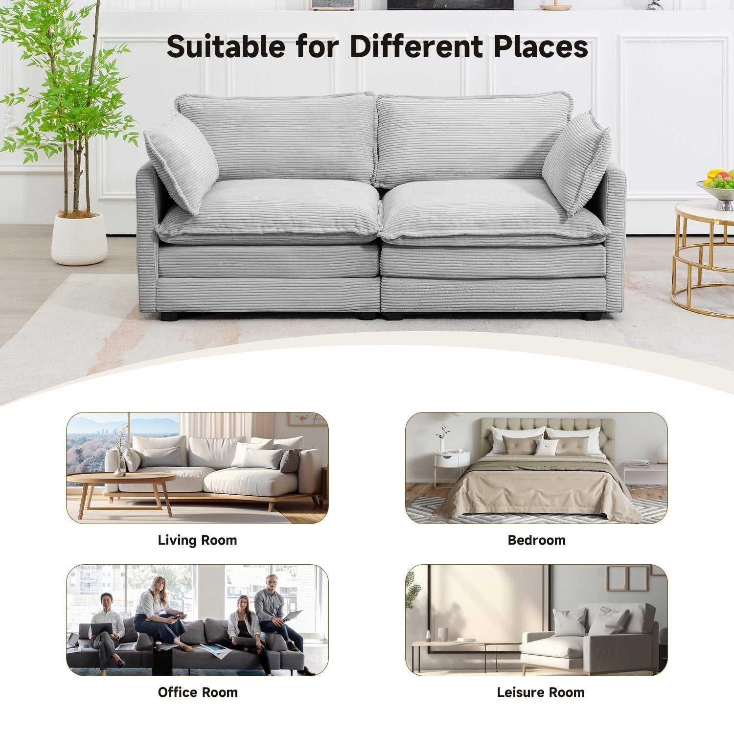 Canapé d'angle en velours côtelé avec poufs amovibles et coussins ultra-doux pour salon et chambre