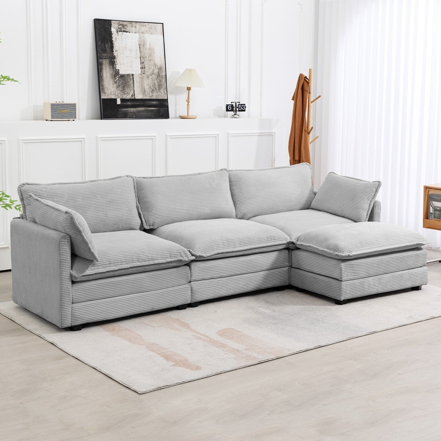 Canapé d'angle en velours côtelé avec poufs amovibles et coussins ultra-doux pour salon et chambre