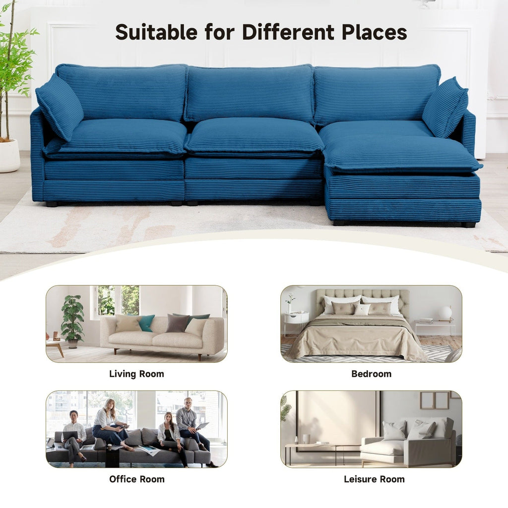 Canapé d'angle en velours côtelé avec poufs amovibles et coussins ultra-doux pour salon et chambre