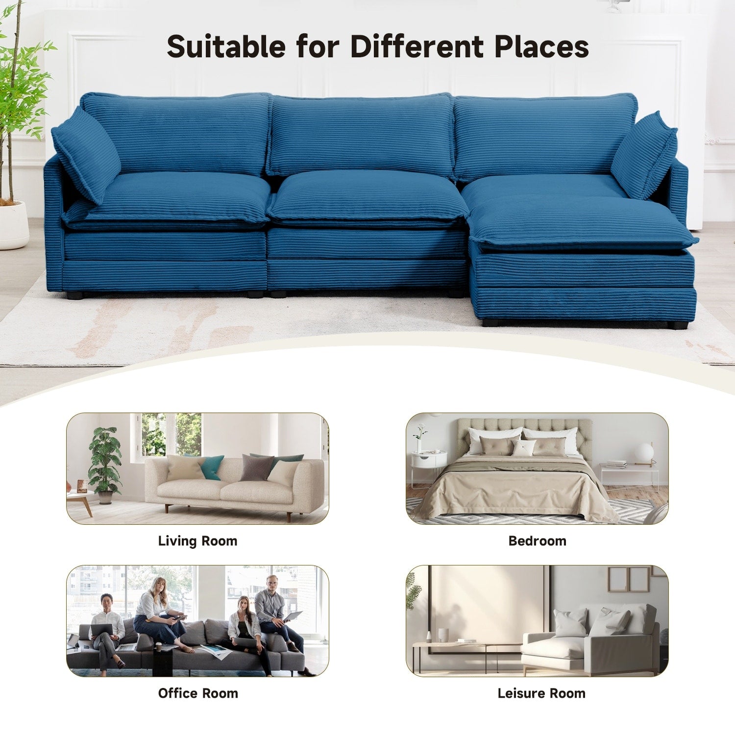 Canapé d'angle en velours côtelé avec poufs amovibles et coussins ultra-doux pour salon et chambre