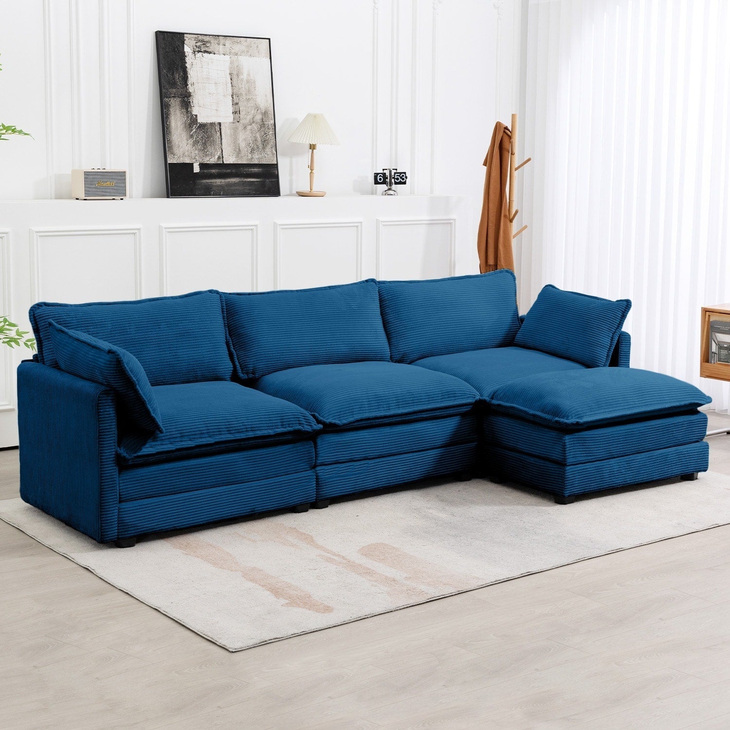 Canapé d'angle en velours côtelé avec poufs amovibles et coussins ultra-doux pour salon et chambre