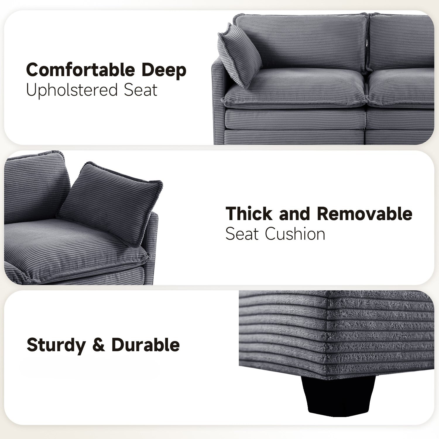 Canapé d'angle en velours côtelé avec poufs amovibles et coussins ultra-doux pour salon et chambre