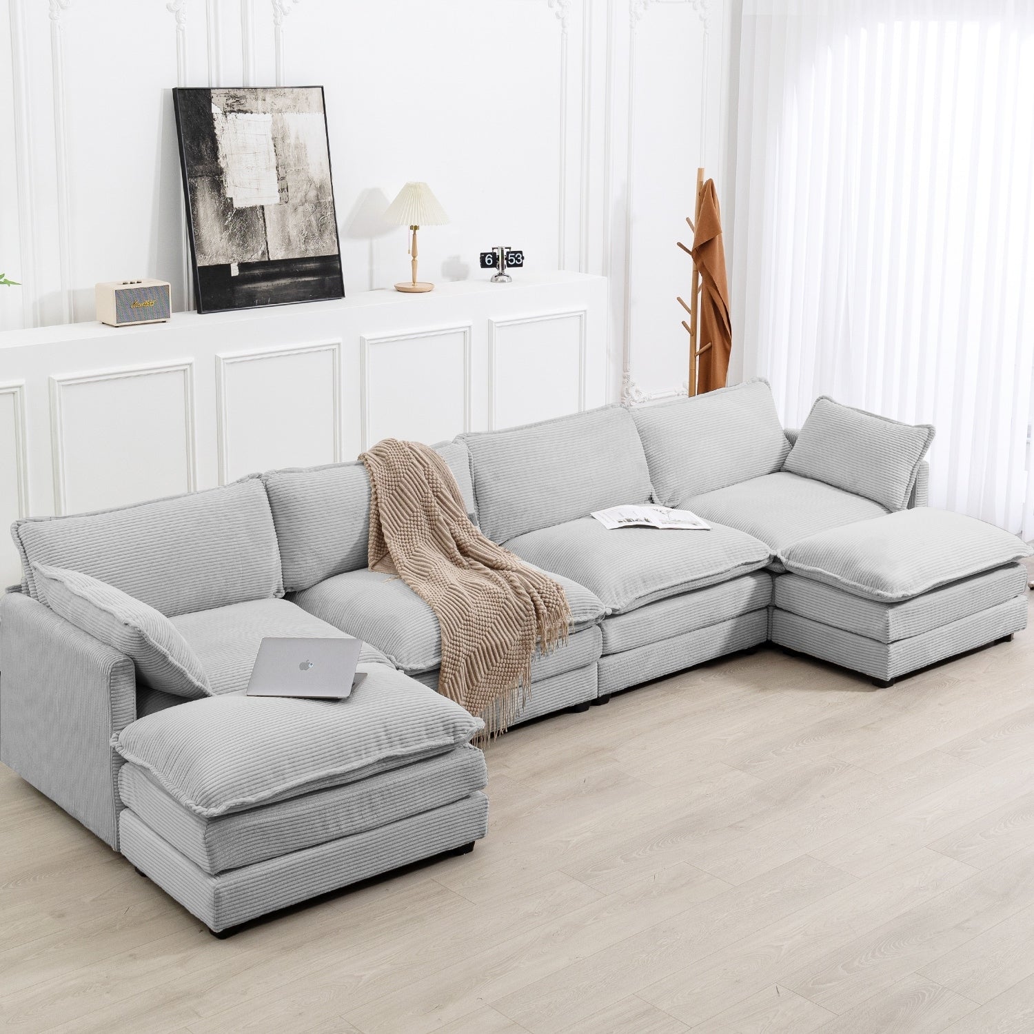 Canapé d'angle en velours côtelé avec poufs amovibles et coussins ultra-doux pour salon et chambre