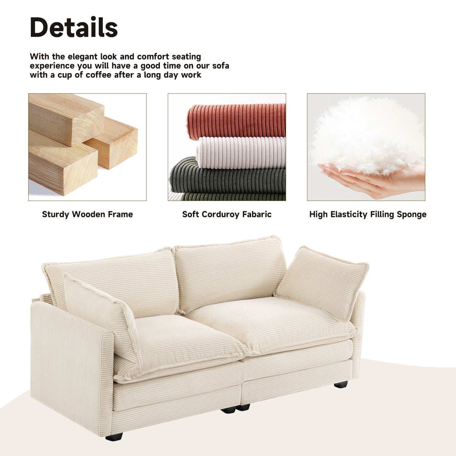 Canapé d'angle en velours côtelé avec poufs amovibles et coussins ultra-doux pour salon et chambre