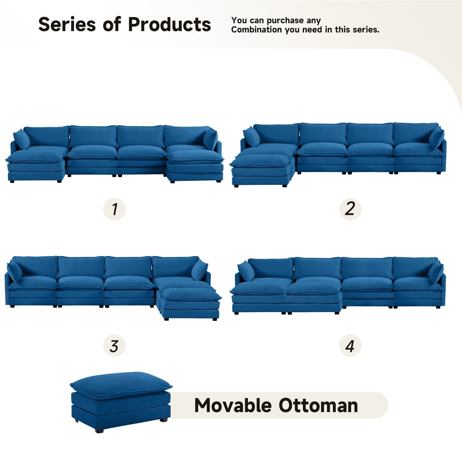 Canapé d'angle en velours côtelé avec poufs amovibles et coussins ultra-doux pour salon et chambre