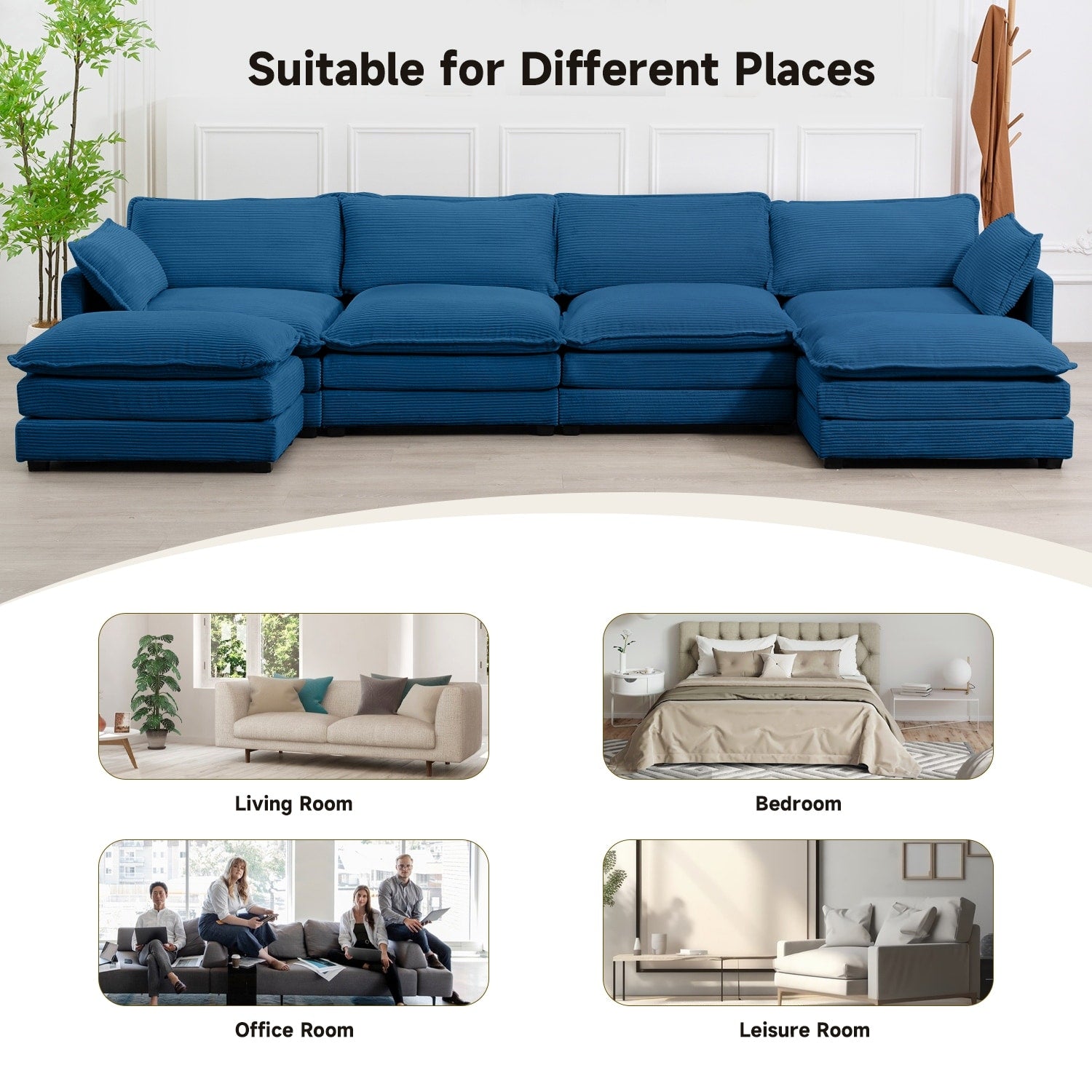 Canapé d'angle en velours côtelé avec poufs amovibles et coussins ultra-doux pour salon et chambre