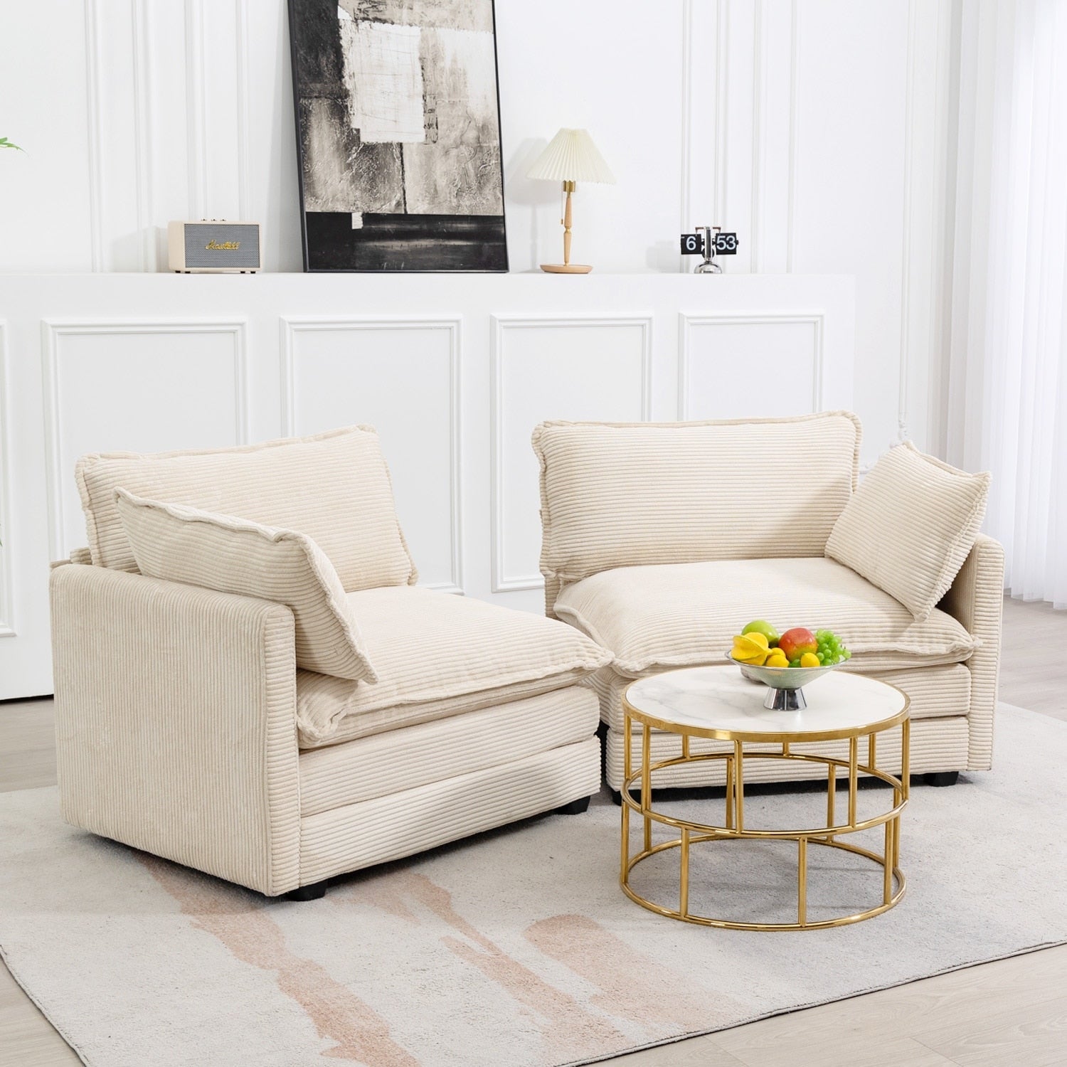 Canapé d'angle en velours côtelé avec poufs amovibles et coussins ultra-doux pour salon et chambre