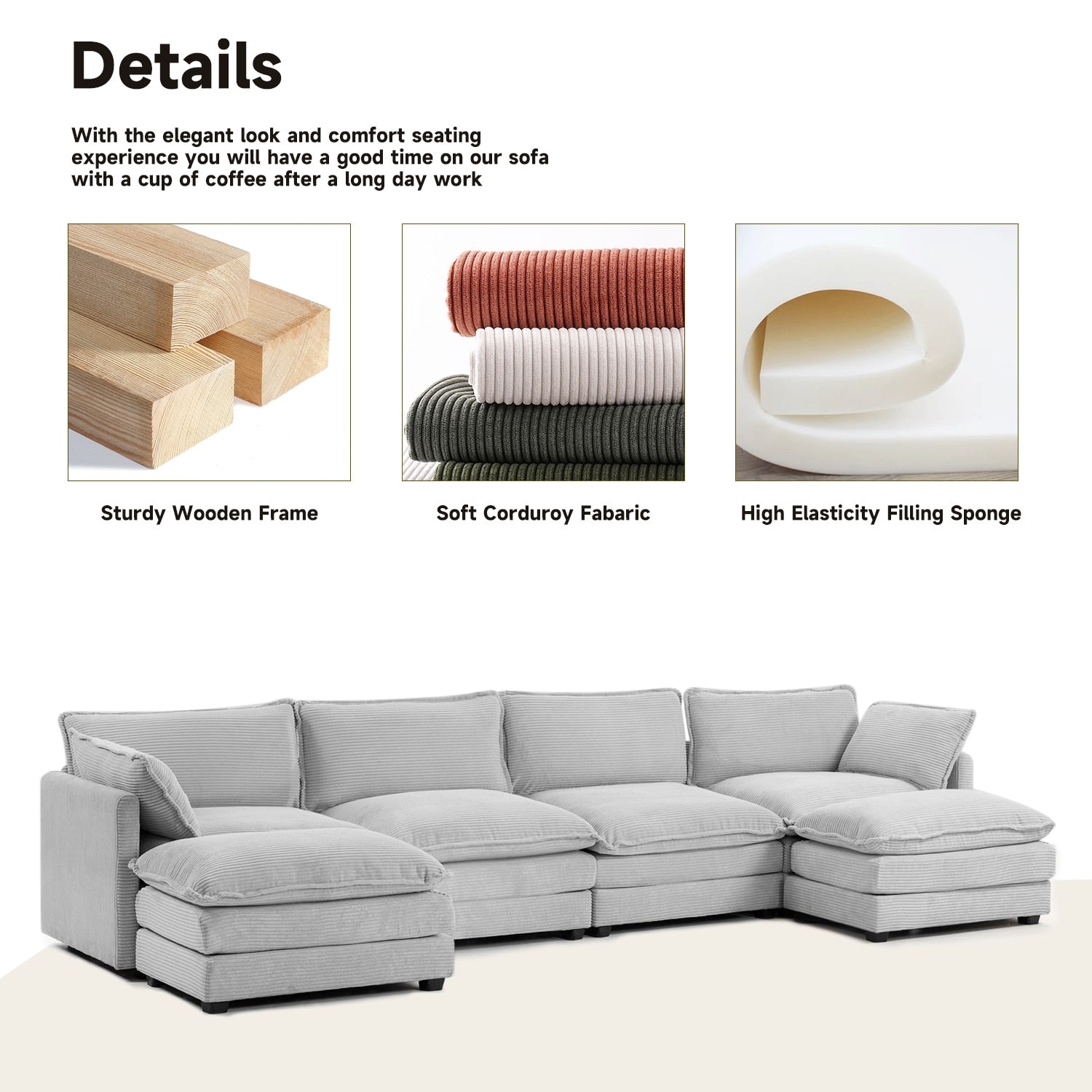 Canapé d'angle en velours côtelé avec poufs amovibles et coussins ultra-doux pour salon et chambre
