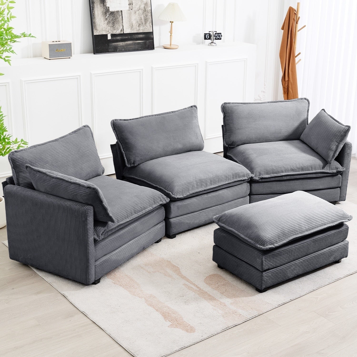 Canapé d'angle en velours côtelé avec poufs amovibles et coussins ultra-doux pour salon et chambre